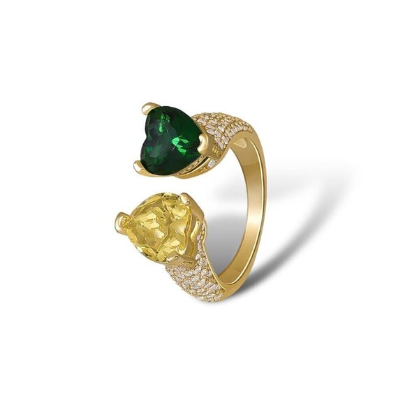 NWT Cocktail Heart Ring 18K Gold Plated Green Yellow CZ Open Adjustable Glam - Picture 1 of 7